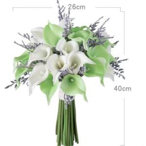 Hochzeitsstrauß for die Braut mit künstlichen Blumen, weiße und grüne Calla-Lilie, künstlicher Brautstrauß for die Hochzeit, Wasserfallform, kaskadierende Braut mit Blume