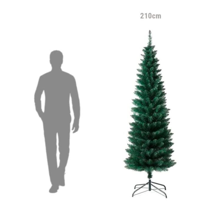 SOLAGUA Kunstkerstboom, smal, sparrenhout, lametta, 150-210 cm, met metalen standaard (donkergroen, 210 cm, 442 takjes)