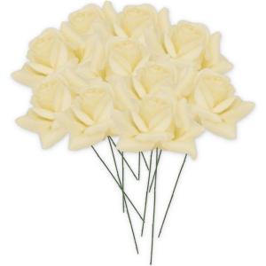 Kunstrozenbloemen met steel als kunstmatige decoratieve rozen van was, 10 crème-witte rozenblaadjes als echt voor bloemstukken, bloemendecoratie, waxrozen als kunstrozen, begraafp
