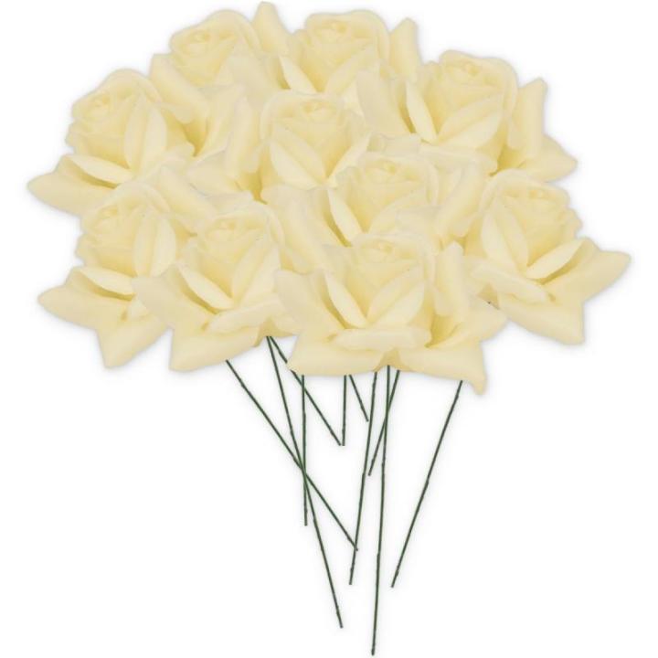 Kunstrozenbloemen met steel als kunstmatige decoratieve rozen van was, 10 crème-witte rozenblaadjes als echt voor bloemstukken, bloemendecoratie, waxrozen als kunstrozen, begraafp