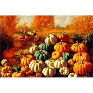 Leinwand-Bild 90 x 60 cm: Erntehintergrund einschließlich Kürbisse, Tannenzapfen, Herbstblätter und Früchte.(192592722)