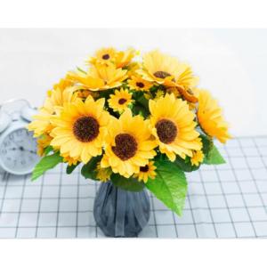 Kunstblumen Sonnenblumen-Dekor Gelbe gefälschte Sonnenblume in Vase, Stängel aus Seide, Tischdekoration, Hochzeitsdekoration (Glasvase), Höhe: 30 cm für jeden Anlass
