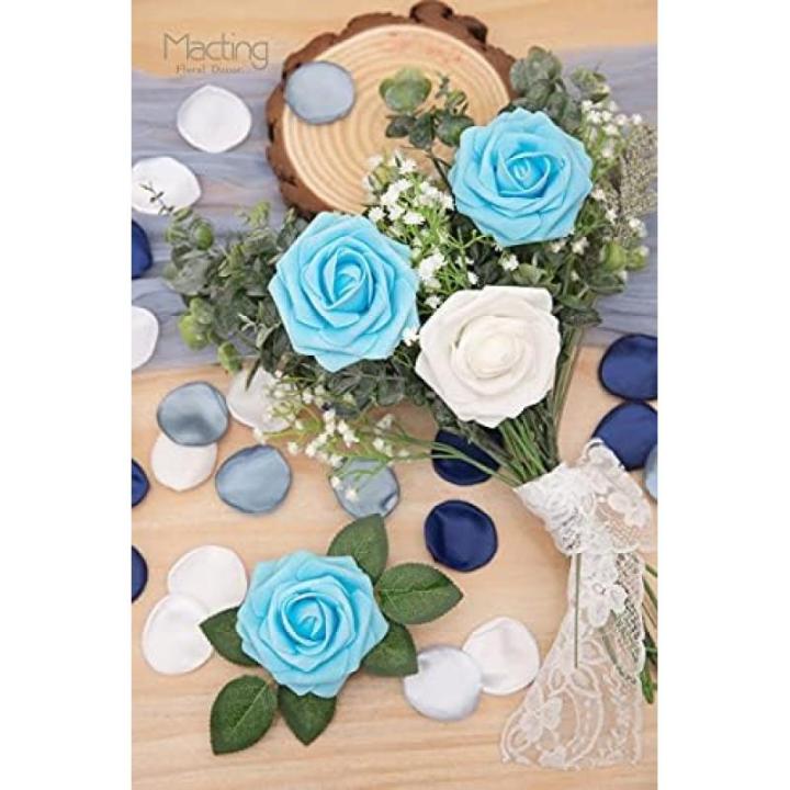 Kunstbloemen, rozen, 25 stuks, Real Touch, kunstrozen met stammen, doe-het-zelf voor bruiloft, bruidsboeketten, Valentijnsdag, Moederdag, babyshower, woondecoratie (lichtblauw)