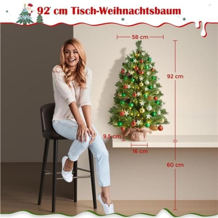 Set van 2 mini-kunstkerstboom 92 cm met 50 warmwitte ledlampen en 20 dennenappels, kleine kerstboom, tafel, dennenboom voor kerstdecoratie, groen