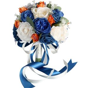 Künstlicher Blumenstrauß für Hochzeiten, blau und orange, Hochzeitsblumendekoration