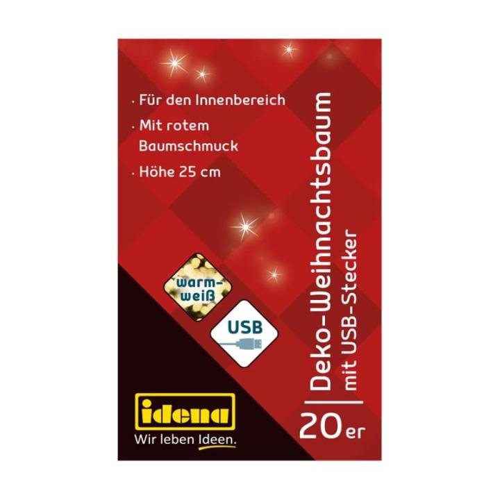 31486 - Decoratieve kerstboom met 20 leds in warm wit, ca. 25 cm hoog, met rode boomversiering in pot en USB-aansluiting, decoratie voor binnen, als winter-, advents- en kerstdecor