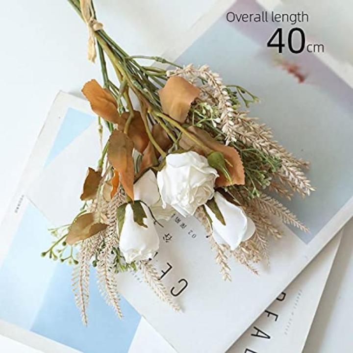 2 stuks , zijden bloemen, roos en tarweaaraars, bloemstukken, kunststof decoratie, planten, boeket, bruid, bruiloftsboeket, tuin, kantoor, kamerdecoratie, tafel-middenstukken (wit)