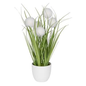 | Decoratief knoopgras | kogelgras | kunstplant met pot | 30 cm hoog (witte bloemen)