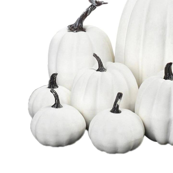 7 stuks kunstpompoenen, pompoen, decoratie, sierpompoen, kunstplantset voor Halloween, decoratie, herfstdecoratieset, 4 maten, wit