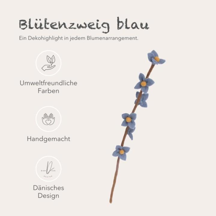 Gry & SIF Kunstkersenbloesemtakken van vilt, flexibele steel, decoratieve takken, vilten bloem, vilten tak, kersenbloesem, lentedecoratie, handgemaakt, Fairtrade, 43 cm, 3 x blauw