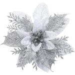 12 stuks glitter kerstboomversieringen Kerstmis bloemen ornament kerstdecoratie kerstboomhanger 14 cm (zilver)