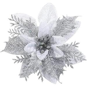 12 stuks glitter kerstboomversieringen Kerstmis bloemen ornament kerstdecoratie kerstboomhanger 14 cm (zilver)