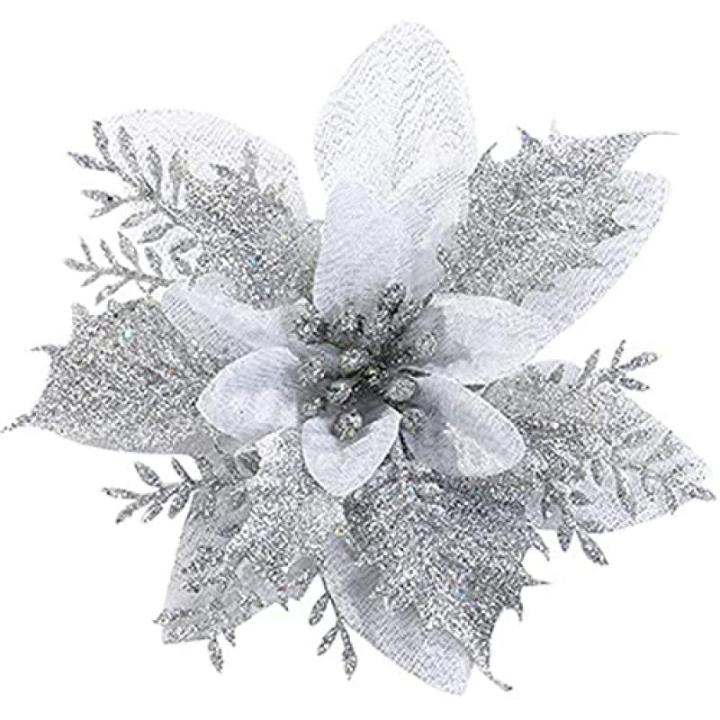 12 stuks glitter kerstboomversieringen Kerstmis bloemen ornament kerstdecoratie kerstboomhanger 14 cm (zilver)