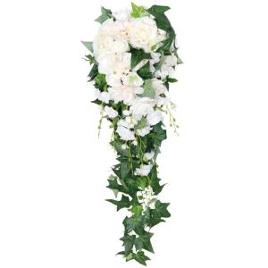 Künstliche Rose, kaskadierender Brautstrauß, Wasserfall, Hochzeitsblumen mit grünen Blättern, Dekoration (weiß)