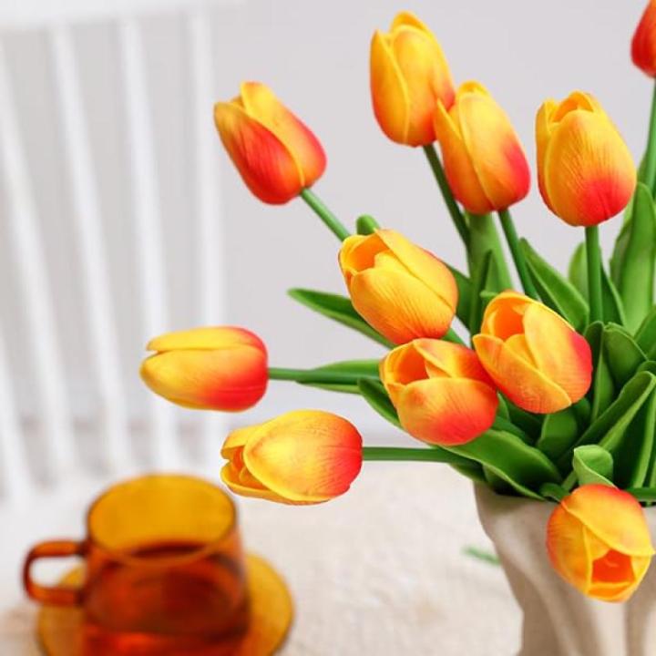 12 stuks latex kunsttulpen - nep-tulpen, , nep-tulpen, bloem met natuurlijke touch voor thuis, kantoor, bruiloftsdecoratie (rood en geel)
