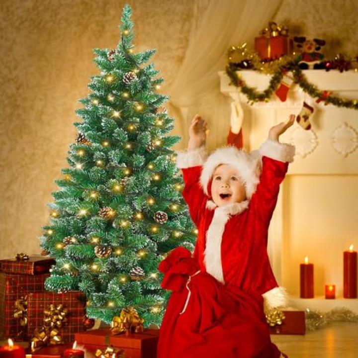Kunstkerstboom met verlichting, groen, pvc, met sneeuweffect, dennenappels, led, pvc, kerstboom, decoratieve boom met standaard, kerstdecoratie voor kerstdecoratie