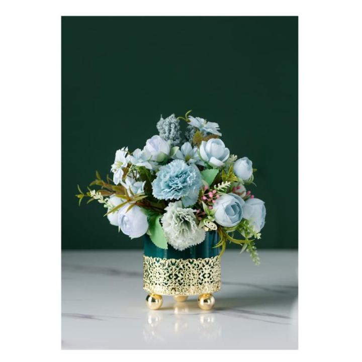 Kunstblumen Künstliche Seidenblumen mit Vase, gefälschte Blumenarrangements, Leichter Luxus-Metallständer, Keramiktopf für Zuhause, Hochzeitsdekoration für jeden Anlass