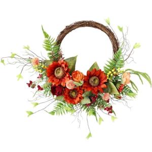 Künstlicher Blumenkranz mit Willkommensgruß, Erntedank-Blumenkranz, Herbsterntekranz für Haustür, Garten, Bauernhäuser