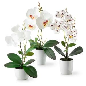 in pot (35 cm), set van 3 kunstorchideeën, kunstmatig afgestemde arrangement in hoogglans-keramische potten, decoratieve bloemen, kunstorchideeën (wit-arrangement)