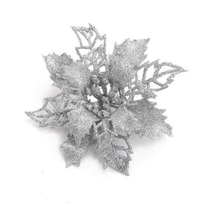 Poinsettia glitterkerstster, 30 stuks, bloemen met clips, glinsterend voor kerstboomdecoraties, kerstbloemen voor Kerstmis, tuin, Nieuwjaar, kransen, zilver