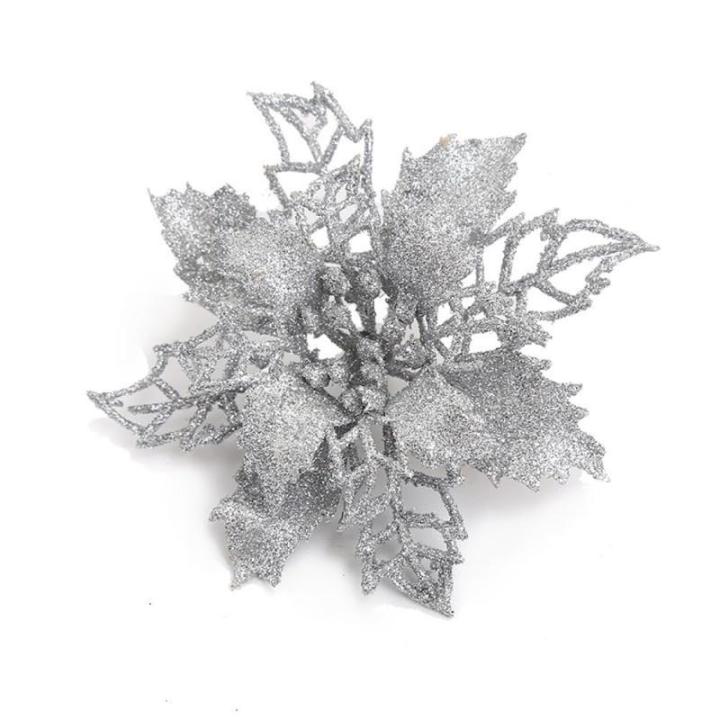 Poinsettia glitterkerstster, 30 stuks, bloemen met clips, glinsterend voor kerstboomdecoraties, kerstbloemen voor Kerstmis, tuin, Nieuwjaar, kransen, zilver