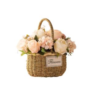 Kunstblumen Künstliche Blumen mit Vase, künstliche Hortensien mit Stroh-Handblumenkorb, künstliche Pflanzen-Dekor – Seidenrosen-Ornamente für jeden Anlass