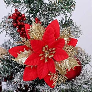 12 stuks glitter kerstboomversieringen Kerstmis bloemen ornament kerstdecoratie kerstboomhanger 14 cm (rood + goud)