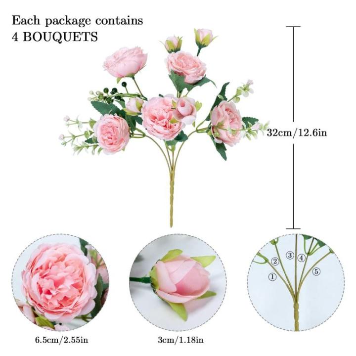 4 trossen pioenrozen voor decoratie kunstrozen nepboeket echte touch zijden bloemen voor vaas bruiloft woondecoratie (beige)