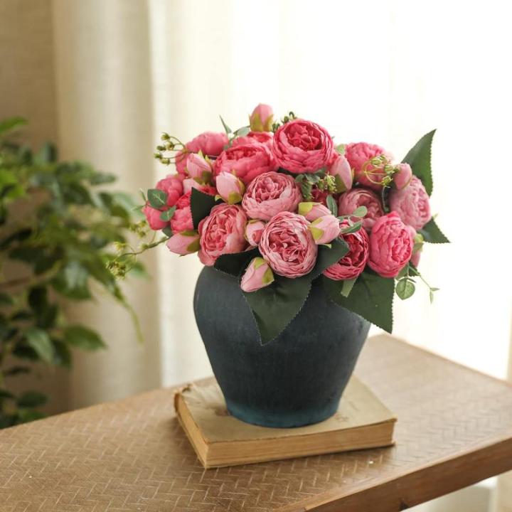 4 bossen kunstmatige bloemen pioen zijde pioenrozen boeketten nep bloemen boeketten bruiloft decoratie thuis tafel keuken kantoor tuin bruids groen (diep roze)