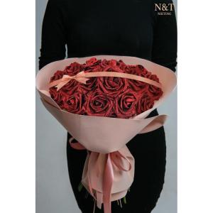 Kunstbloemen, 25 stuks kunstrozen, bloemen met stengels, echte touch, kunstschuim, rozen voor bruiloft, boeketten, feest, kantoor, babyshower, thuis, kerstdecoratie (rood)