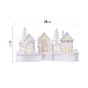 DCWW21 Lichtgevend kerstdorp van hout, 6 leds, warm wit licht, kerstdecoratie, winterdorp op batterijen (2 x AA), IP20 binnen, 6/18 uur timerfunctie, levensduur 10.000 uur