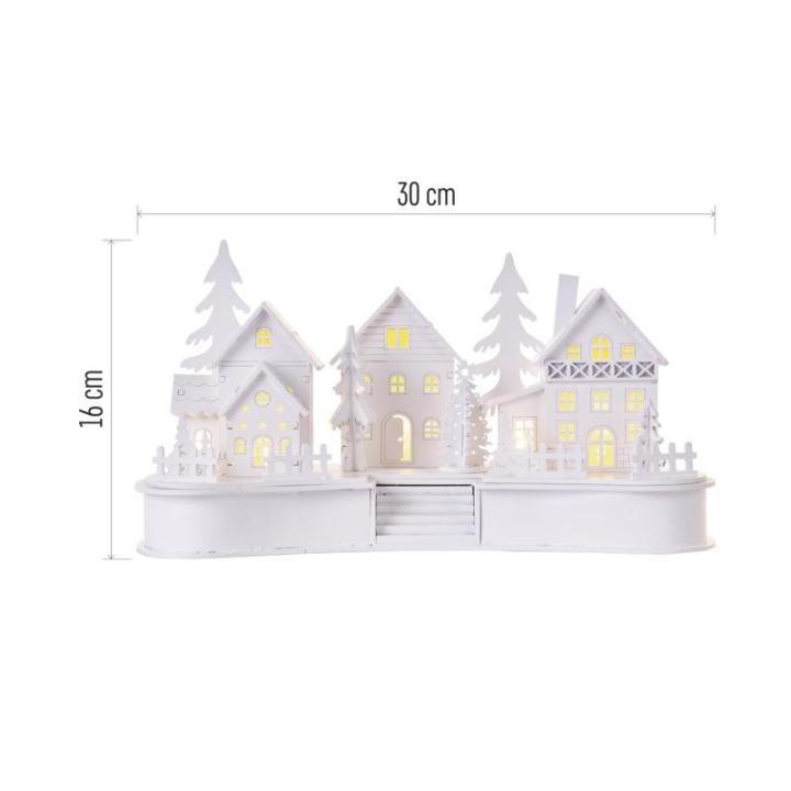 DCWW21 Lichtgevend kerstdorp van hout, 6 leds, warm wit licht, kerstdecoratie, winterdorp op batterijen (2 x AA), IP20 binnen, 6/18 uur timerfunctie, levensduur 10.000 uur