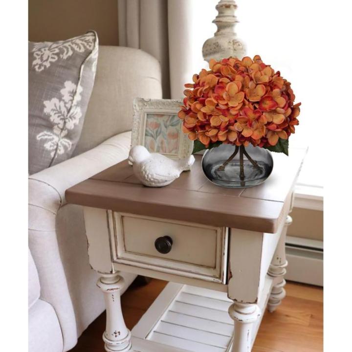 Kunsthortensia bloemen in vaas, echte touch nep hortensia bloem in glazen vaas met faux water zijde oranje faux bloemstuk voor thuis badkamer bruiloft decoratie