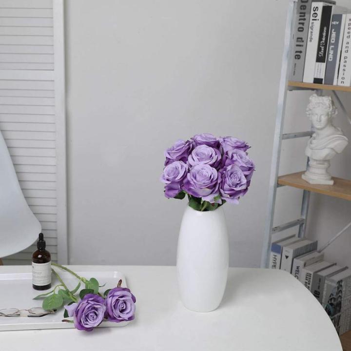 Kunstmatige Zijde Roos Bloem Enkele Stam Levensechte Nep Roos voor Bruiloft Boeket Bloemenarrangementen Huis Feest Bloemstuk Decoratie, 10 stuks (Verloop Licht Paars)