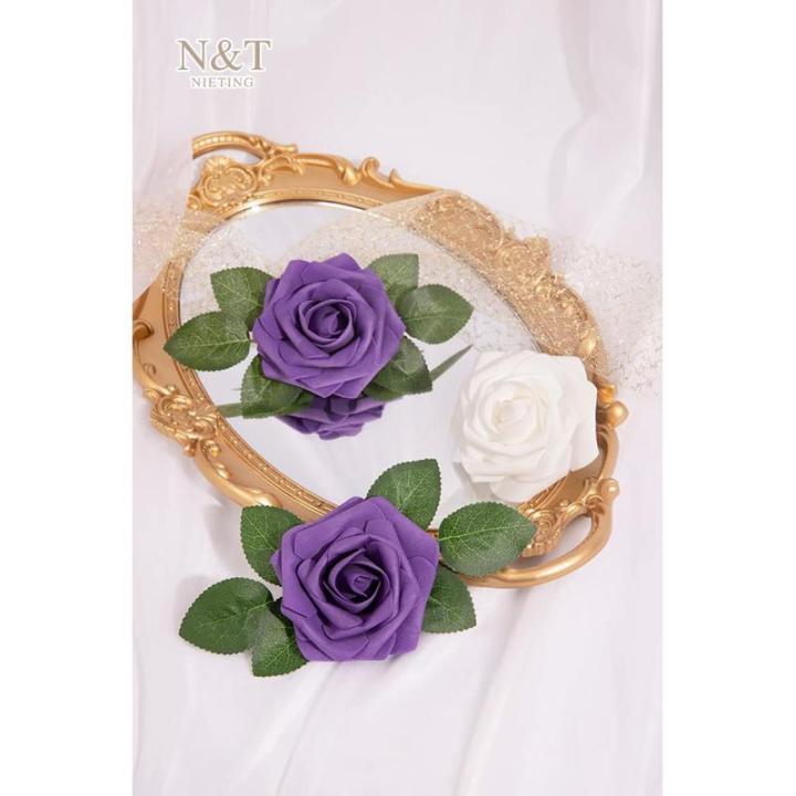 Kunstbloemen, rozen, 25 stuks, kunstrozen met stelen, doe-het-zelf decoratie, bruidsboeketten, Valentijnsdag, Moederdag, bruiloftsfeest, babyshower, woondecoratie, donkerpaars