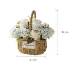 Kunstblumen Künstliche Blumen mit Vase, künstliche Hortensien mit Stroh-Handblumenkorb, künstliche Pflanzen-Dekor – Seidenrosen-Ornamente für jeden Anlass