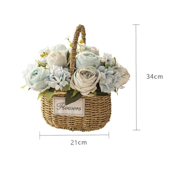 Kunstblumen Künstliche Blumen mit Vase, künstliche Hortensien mit Stroh-Handblumenkorb, künstliche Pflanzen-Dekor – Seidenrosen-Ornamente für jeden Anlass