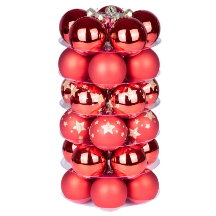 Inge Glazen , mooie van glas, 30 ballen in doos, kerstboomversiering, kerstboomballen (Merry Red Stars, rood)