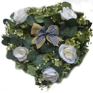 Vintage Herz-förmigen Girlande Künstliche Rose Blume Kranz mit Grün Blätter Leinen Plaid Bowknot Hochzeit Party Decor