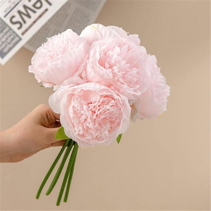 Simulation Blumenstrauß,Künstlicher Blumenstrauß Pfingstrose, 5er-Bouquet, echte Seidenblumen mit Stiel, cremefarbene Kunstblumen als Dekoration in großen Mengen(Light Pink)
