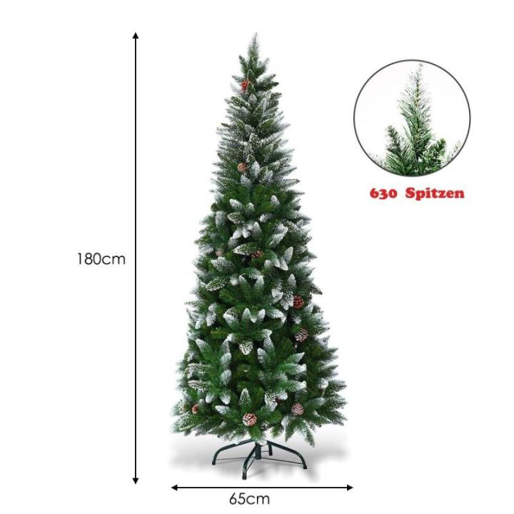 Kunstpotlood, kerstboom met dennenappels, sneeuwbedekte dennenboom met metalen standaard, pvc-naalden, kunstboom, kerstklapsysteem, 180 cm