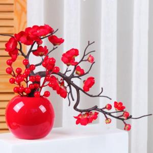 Kunstblumen Künstliche Pflaumenblüte mit Vase, Desktop-Bonsai-Topf-Ornament für Hochzeit, Heimbüro, schön aussehende Kunstblumen für jeden Anlass