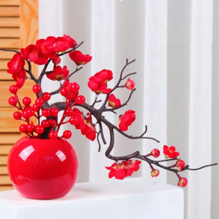 Kunstblumen Künstliche Pflaumenblüte mit Vase, Desktop-Bonsai-Topf-Ornament für Hochzeit, Heimbüro, schön aussehende Kunstblumen für jeden Anlass