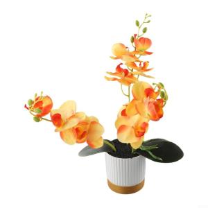 Künstliche Blume, Phalaenopsis-Bonsai-Dekoration, künstliche Orchidee, lebensechte künstliche Blume, Display in Weißgold-Topf (orange)