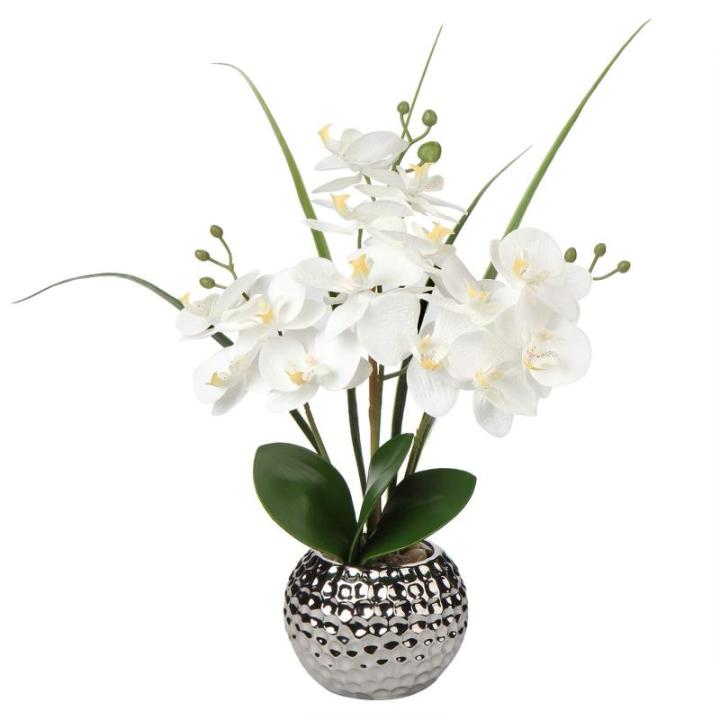 Kunstblumen Orchidee Künstliche Kunstpflanze Phalaenopsis Weiß Blumen Deko Höhe 49 cm, Fest verankert im Keramiktopf