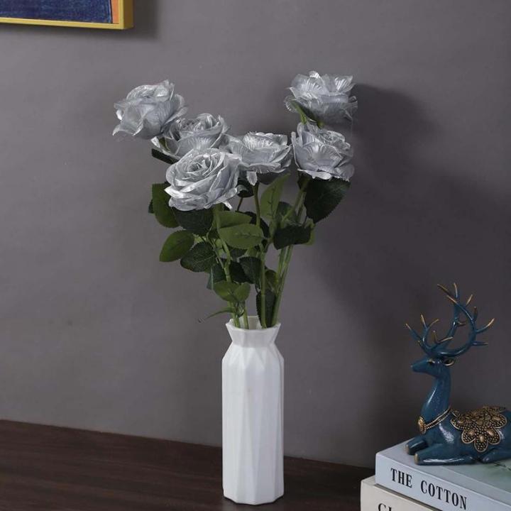 12 stuks Kunstmatige Rozen, 53cm Kunstrozen Enkele Lange Steel , Realistische voor Bruiloftsboeket, Thuis Tuin Woonkamer Hotel Kantoor Decoratie (Zilver)