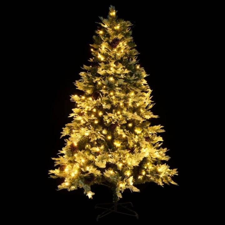 Künstlicher Weihnachtsbaum mit LED Beleuchtung Weihnachtsbaum mit Schnee mit Tannenzapfen Grün und Weiß PVC 225 x 120 cm