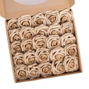 Kunstbloemen, rozen, 25 stuks, decoratieve bloemen, kunstrozen met stelen, Valentijnsdag, Moederdag, bruiloftsfeest, babyshower, woondecoratie, lichtbruin