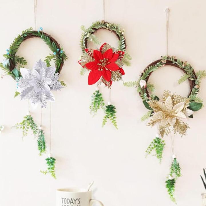 12 stuks kerstdecoratie, kunstbloemen voor Kerstmis, kerstster, kunstdecoratie, bloemen, fonkelende kerstster, bloemen, glitter, kerstboomdecoratie (goud)