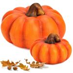 Pompoenset in fel oranje, herfstdecoratie, handgemaakte decoratieve pompoenen van klei voor binnen en buiten, weerbestendig en duurzaam, sierpompoenen, 10 en 16 cm, perfecte Hallow